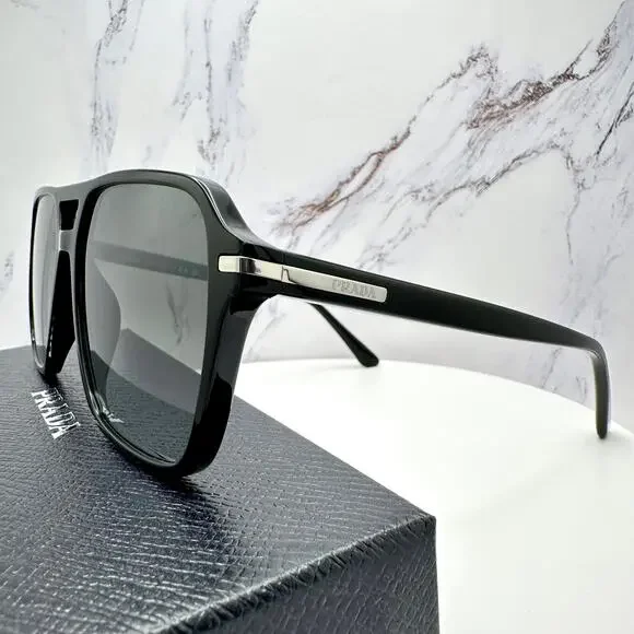 NEW PRADA Sunglasses Black Aviator Pilot 55-17mm Grey Lens Silver Logo - Picture 12 of 16